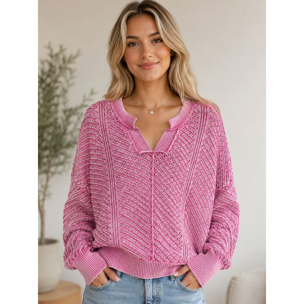 Pink Lily Pink Textured Knit Sweater Small Open Knit Lightweight Boho